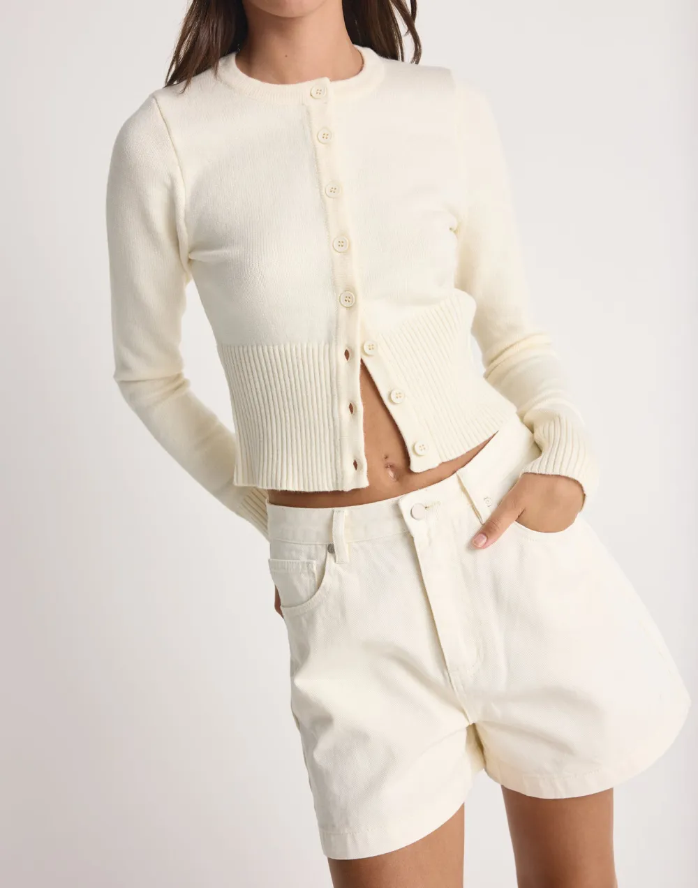 Stretch Ribbed-Knit Button-Down Top